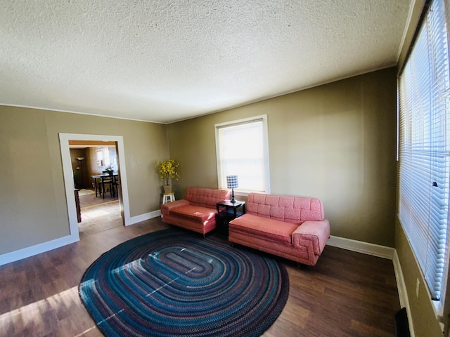 sitting room with a textured ceiling and dark hardwood / wood-style floors