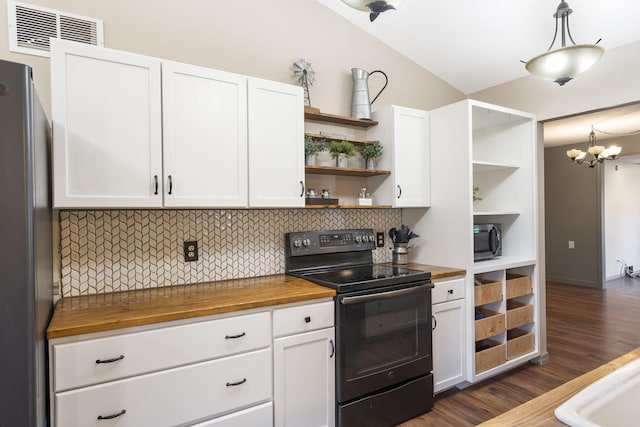 kitchen featuring wooden counters, white cabinets, dark hardwood / wood-style floors, decorative light fixtures, and stainless steel appliances