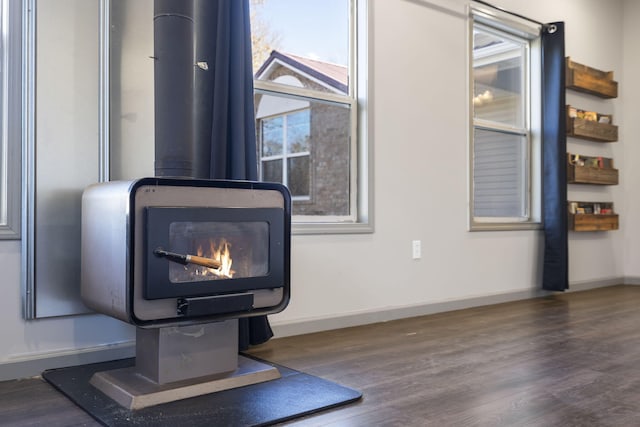 interior details featuring a wood stove and wood-type flooring