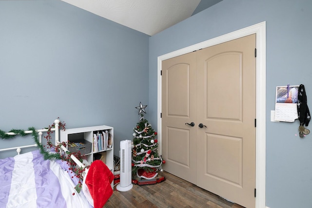 interior space featuring a textured ceiling, hardwood / wood-style flooring, and a closet