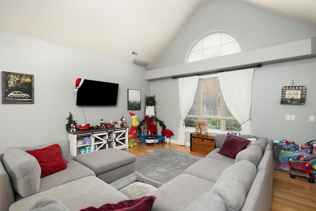 living room with high vaulted ceiling and light hardwood / wood-style floors