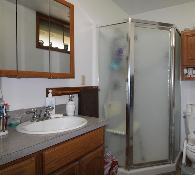 bathroom featuring vanity, toilet, and walk in shower