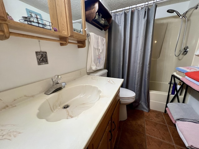 full bathroom featuring vanity, a textured ceiling, toilet, and shower / bathtub combination with curtain