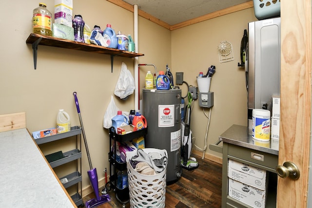 interior space featuring crown molding, electric water heater, and dark wood-type flooring