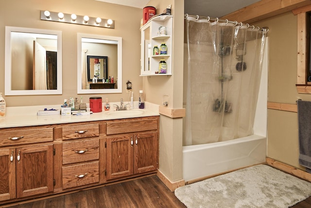 bathroom with hardwood / wood-style floors, vanity, and shower / bath combination with curtain