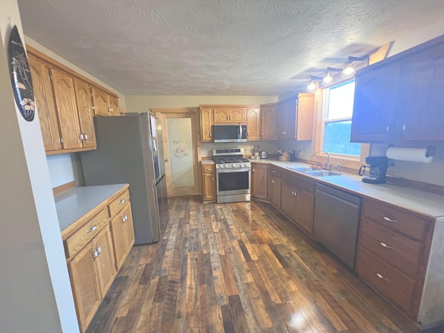 kitchen with a textured ceiling, stainless steel appliances, dark wood-type flooring, and sink