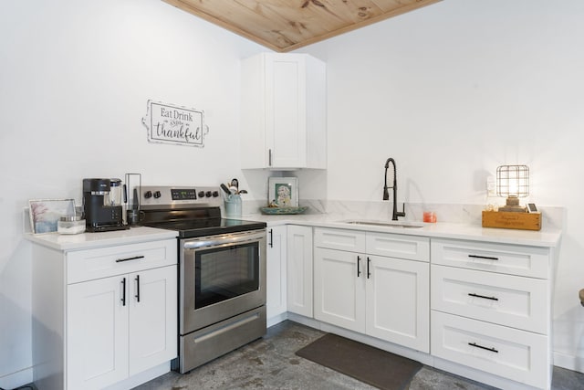 kitchen with electric range, sink, white cabinets, and wooden ceiling