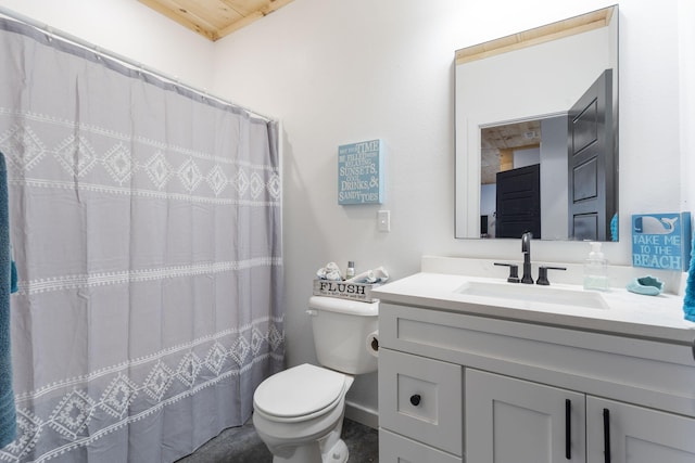 bathroom featuring vanity, toilet, curtained shower, and wood ceiling