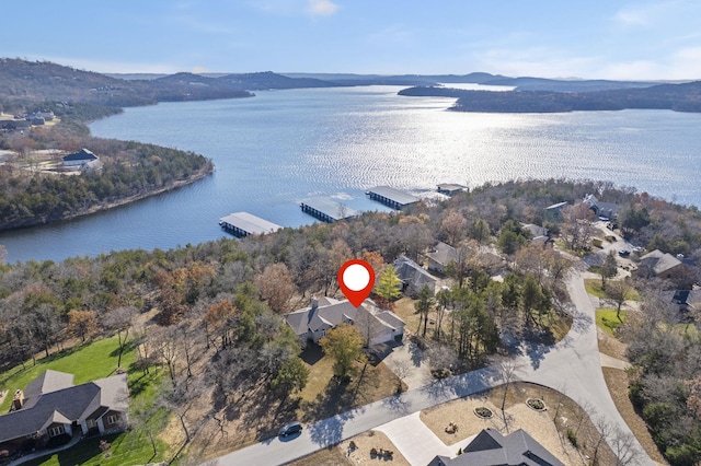 drone / aerial view featuring a water and mountain view