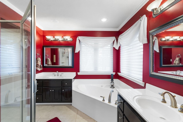 bathroom featuring independent shower and bath, vanity, tile patterned floors, and crown molding