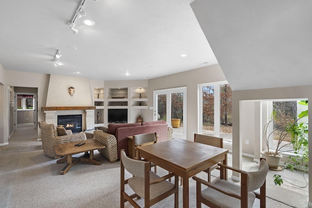 carpeted dining space with rail lighting and built in features