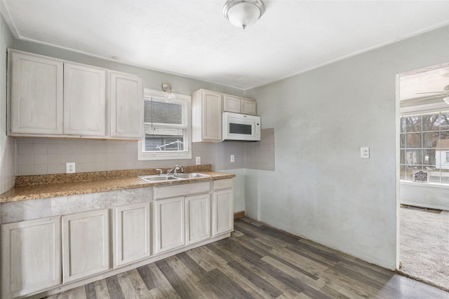 kitchen featuring backsplash, dark wood-type flooring, and sink