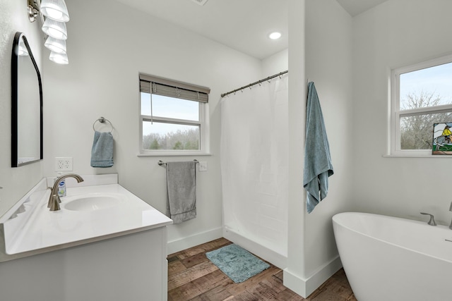 8532 County Road 6890, West Plains, MO 65775 - bathroom featuring separate shower and tub, vanity, and wood-type flooring