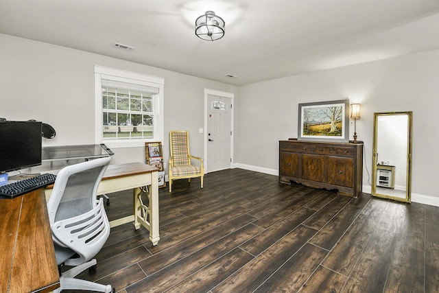 home office featuring dark hardwood / wood-style flooring