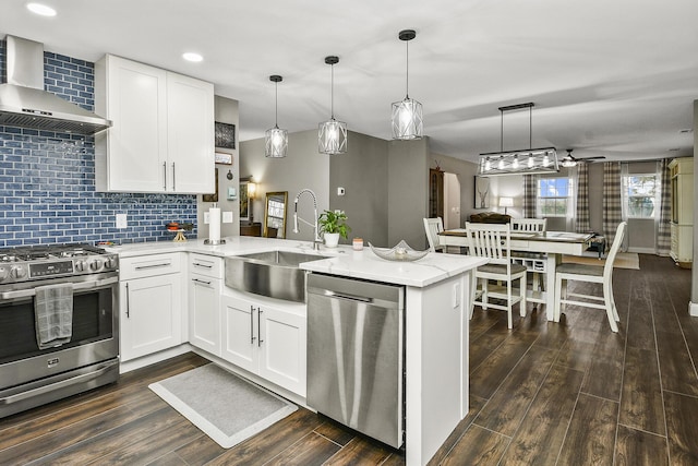 2314 State Highway 38, Elkland, MO 65644 - kitchen with appliances with stainless steel finishes, wall chimney exhaust hood, a peninsula, ceiling fan, and dark wood-style flooring
