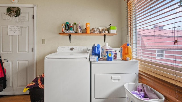 laundry area with washer and clothes dryer and hardwood / wood-style floors