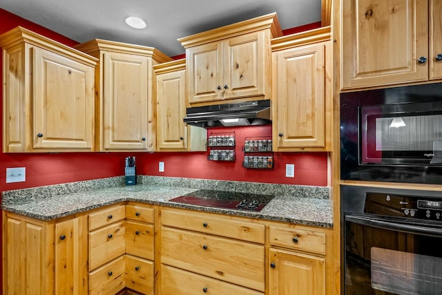 kitchen with black appliances and light brown cabinetry