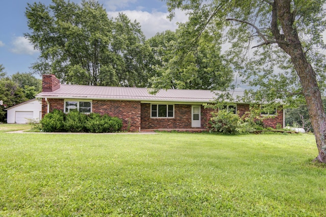 8101 State Highway A, Marshfield, MO 65706 - single story home featuring brick siding, a chimney, a standing seam roof, a front yard, and a metal roof