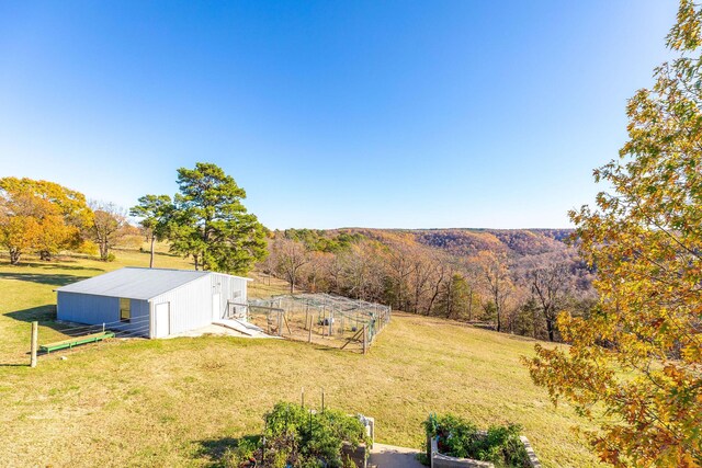 view of yard with a rural view and an outdoor structure