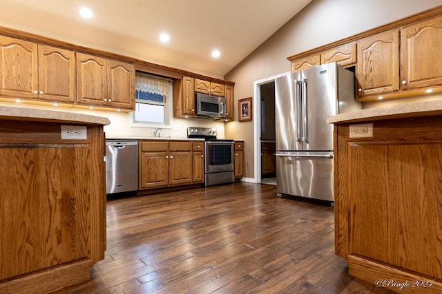 kitchen with sink, dark wood-type flooring, vaulted ceiling, and appliances with stainless steel finishes