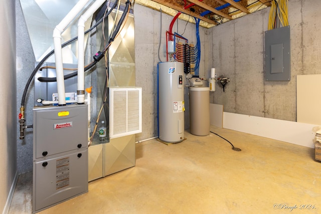 utility room featuring electric panel and water heater