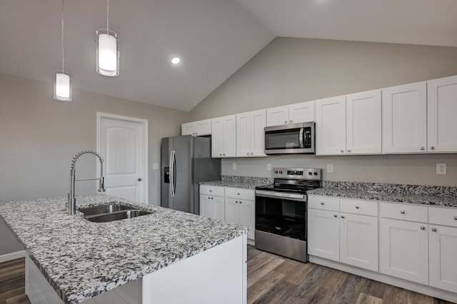 kitchen with hanging light fixtures, a kitchen island with sink, sink, and stainless steel appliances