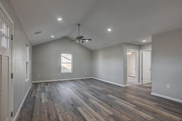 unfurnished room featuring ceiling fan, lofted ceiling, and dark hardwood / wood-style floors