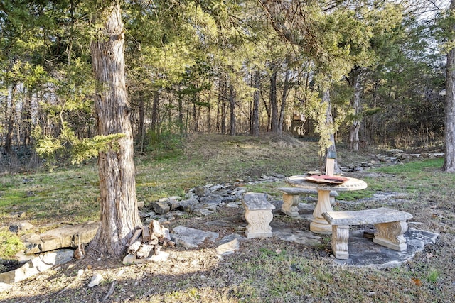 view of yard with a forest view