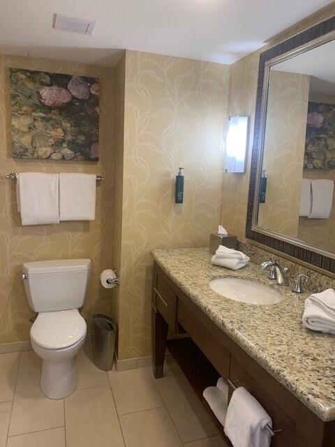 bathroom featuring tile patterned flooring, vanity, and toilet