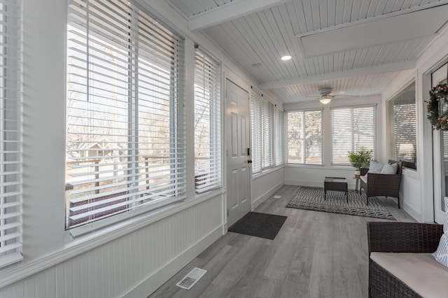 sunroom featuring ceiling fan, beam ceiling, and wood ceiling