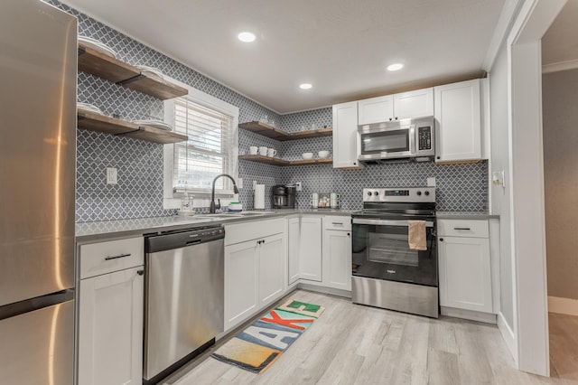 kitchen featuring white cabinetry, sink, appliances with stainless steel finishes, and light hardwood / wood-style flooring