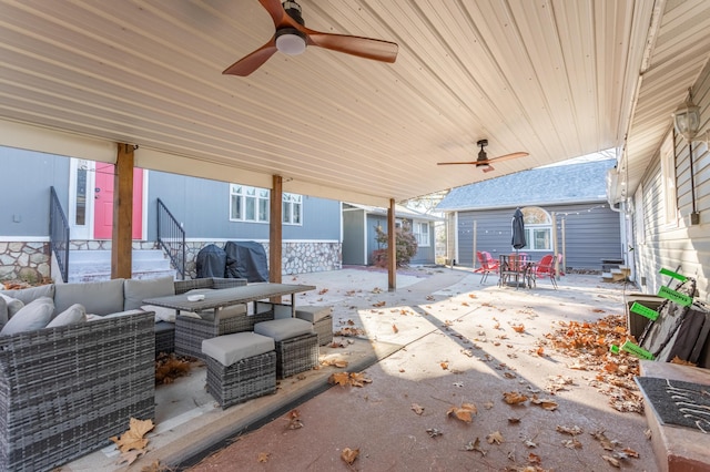 view of patio featuring outdoor lounge area, ceiling fan, and area for grilling