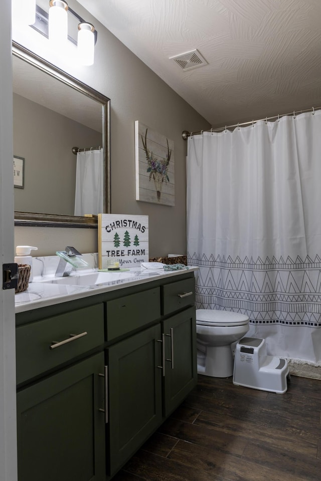 bathroom featuring toilet, vanity, and hardwood / wood-style flooring