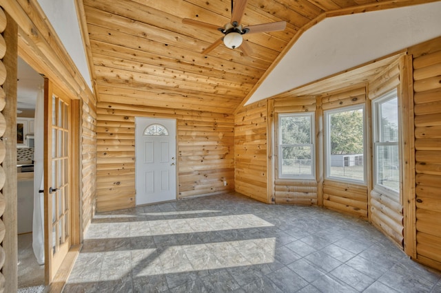 interior space with vaulted ceiling, ceiling fan, and wooden ceiling