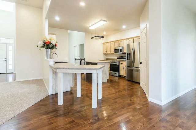 kitchen featuring a kitchen bar, appliances with stainless steel finishes, dark hardwood / wood-style flooring, and sink