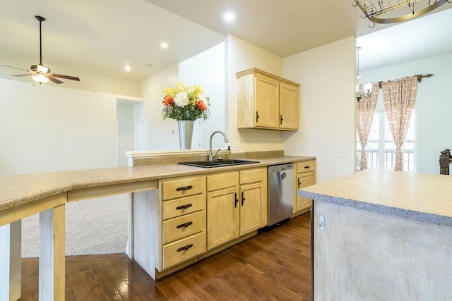 kitchen with ceiling fan with notable chandelier, sink, stainless steel dishwasher, dark hardwood / wood-style floors, and light brown cabinetry