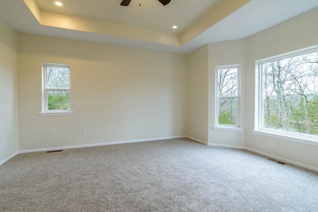 carpeted spare room with ceiling fan and a raised ceiling