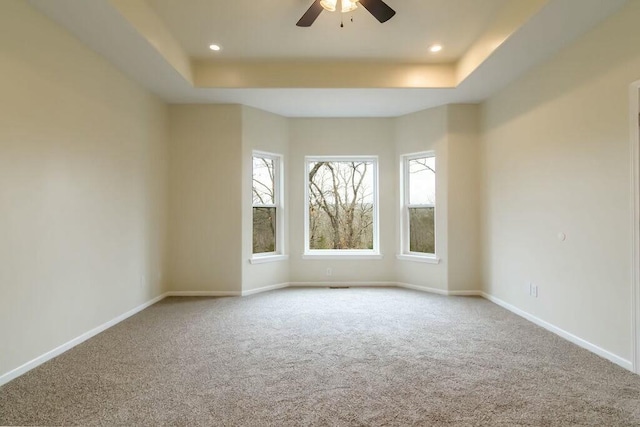 spare room featuring light carpet, a raised ceiling, and ceiling fan