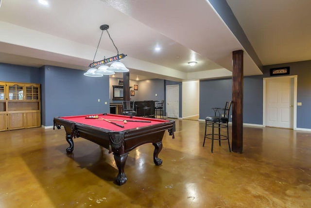 recreation room featuring concrete flooring, bar, and billiards