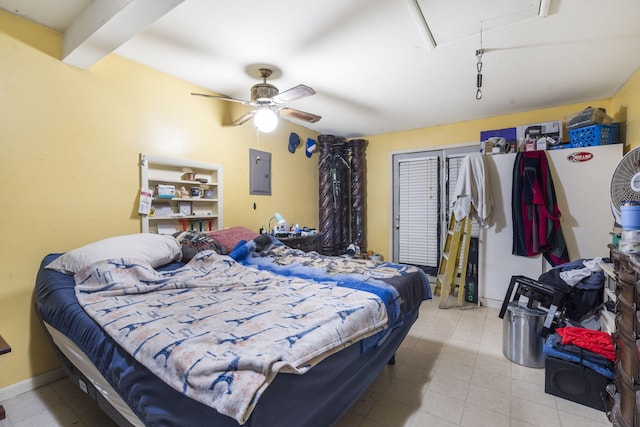 bedroom with electric panel, ceiling fan, and beamed ceiling