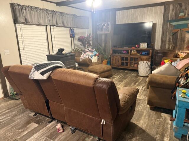 living room with ceiling fan and hardwood / wood-style floors