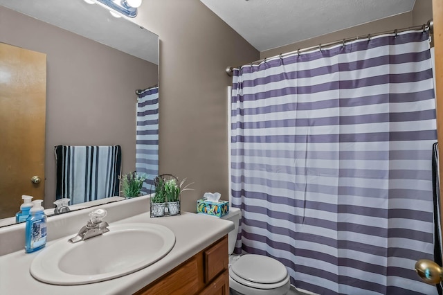 bathroom featuring vanity, a textured ceiling, and toilet