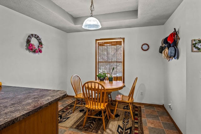 dining space with a raised ceiling and a textured ceiling