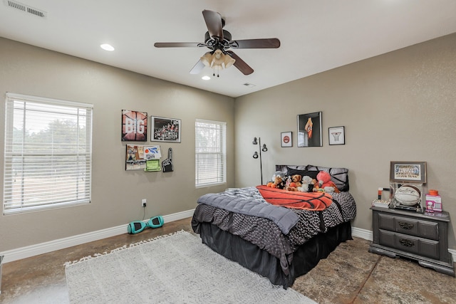 bedroom with a ceiling fan, recessed lighting, visible vents, and baseboards