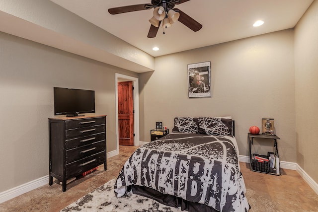 bedroom with a ceiling fan, recessed lighting, and baseboards