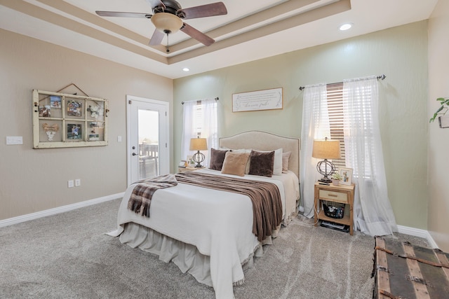 bedroom featuring carpet, multiple windows, baseboards, and a raised ceiling