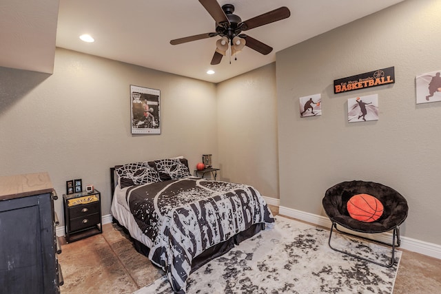 bedroom featuring recessed lighting, ceiling fan, and baseboards