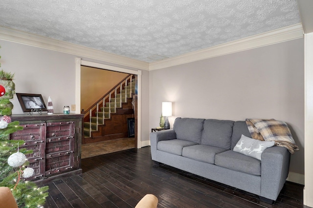 living room featuring dark hardwood / wood-style floors, ornamental molding, and a textured ceiling