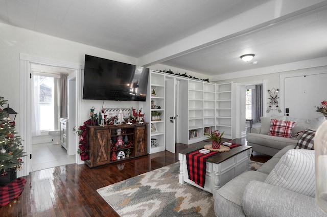 living room featuring plenty of natural light, beamed ceiling, and dark wood-type flooring