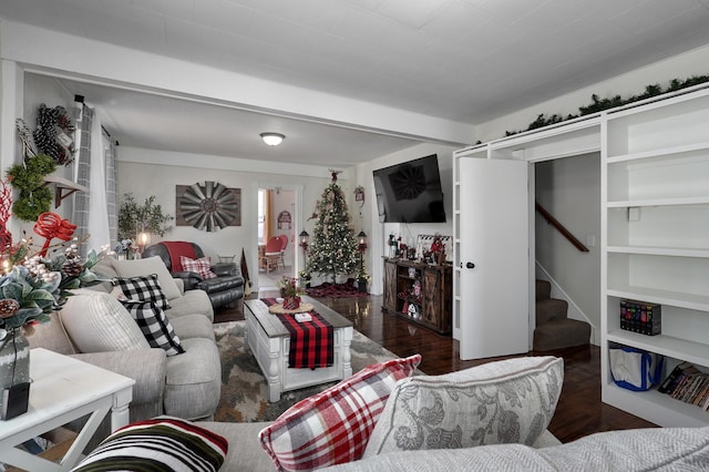 living room with dark hardwood / wood-style floors